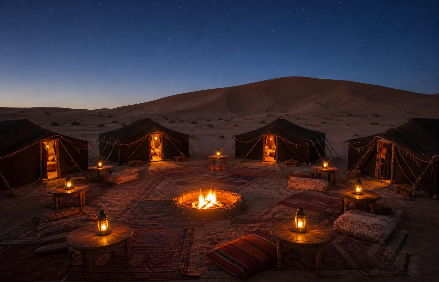 Le bivouac au pied des dunes à la tombée de la nuit