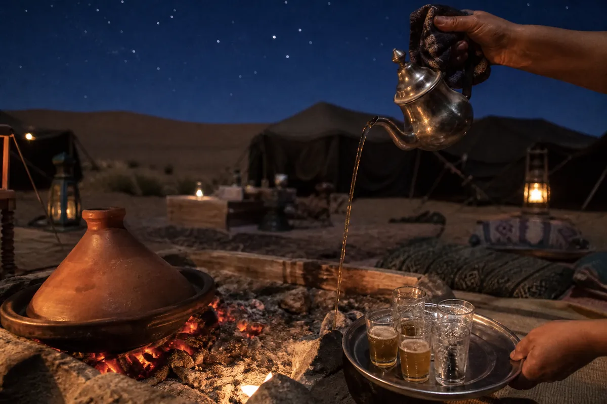 Thé à la menthe et tajine au feu de camp