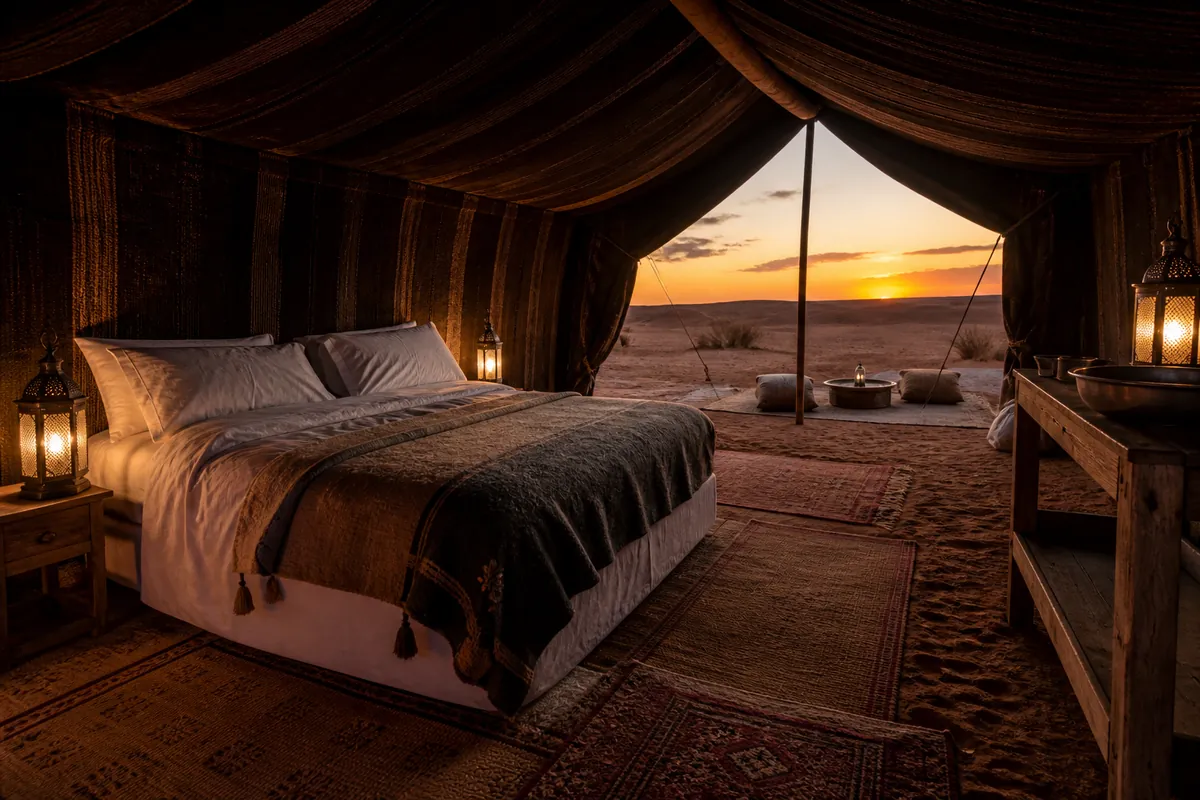 Tente de luxe avec vrai lit face aux dunes de l'Erg Chegaga