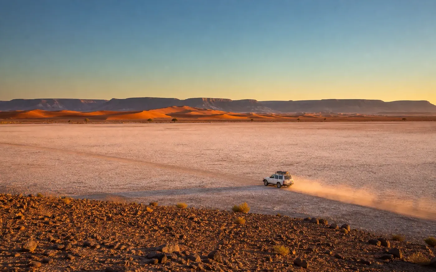 4x4 traversant le lac asséché d'Iriki vers l'Erg Chegaga au coucher du soleil